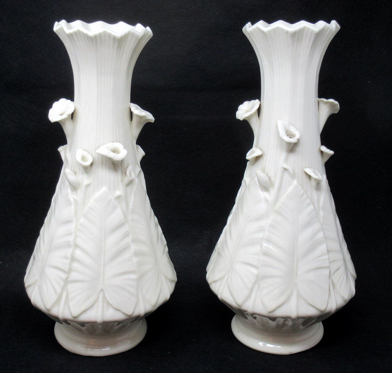 504. Rare Large Pair Irish Belleek Nile Vases Cala Lily Black Mark 1863-1891 - Image 2