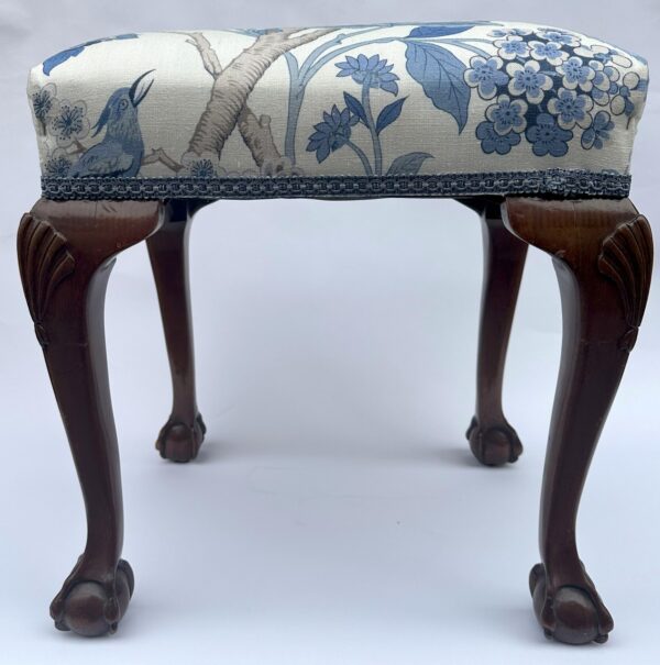 591. Antique English Edwardian Upholstered Hand Carved Mahogany Stool, 19th Century