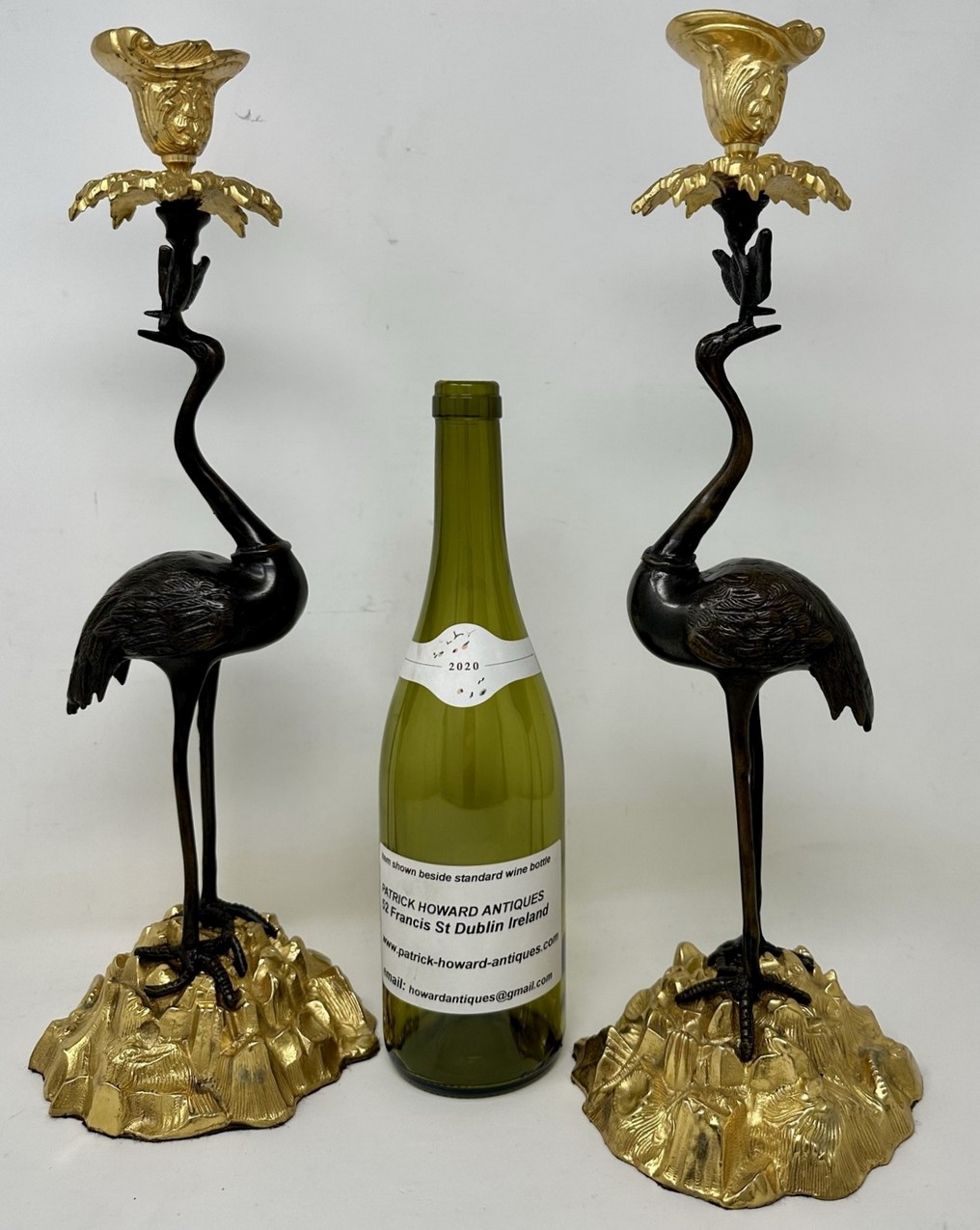 473. Pair English Ormolu Gilt Bronze Candlesticks Storks Cranes Attributed to Abbott - Image 9
