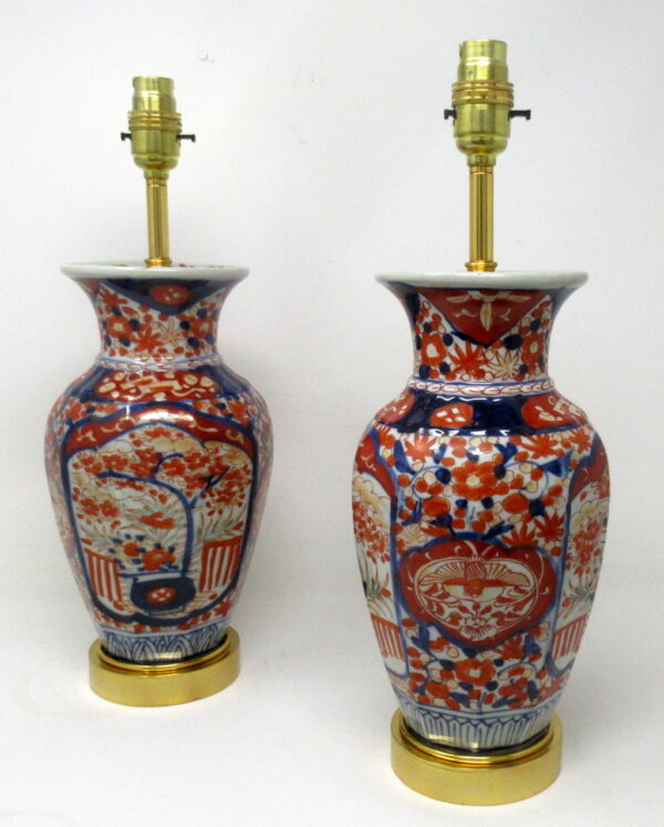 877. Antique Pair Japanese Chinese Imari Porcelain Ormolu Table Lamps Blue Red Gilt