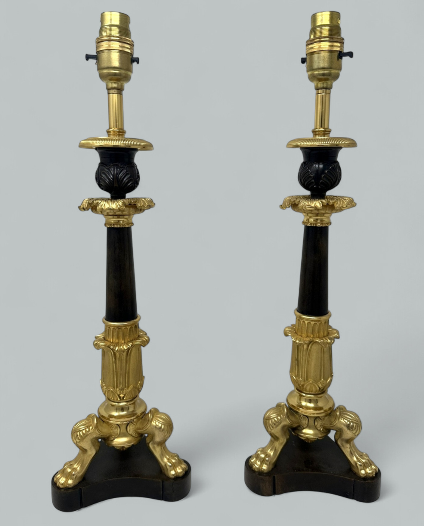 174. Antique Pair French Doré Bronze Neoclassical Ormolu Gilt Candlesticks Table Lamps - Image 2