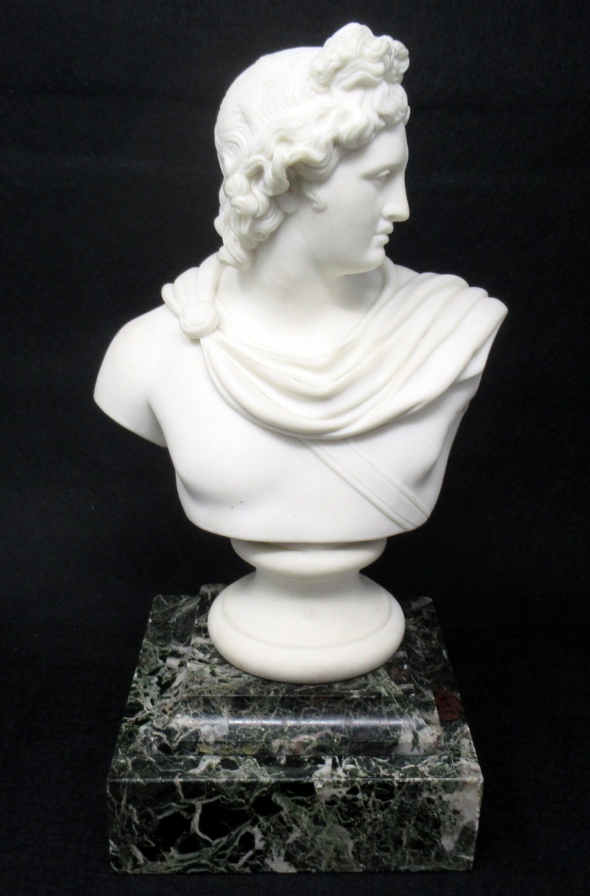 813. Parian Bust of Apollo Belvedere possibly Copeland Green Marble Base 19thCt - Image 2