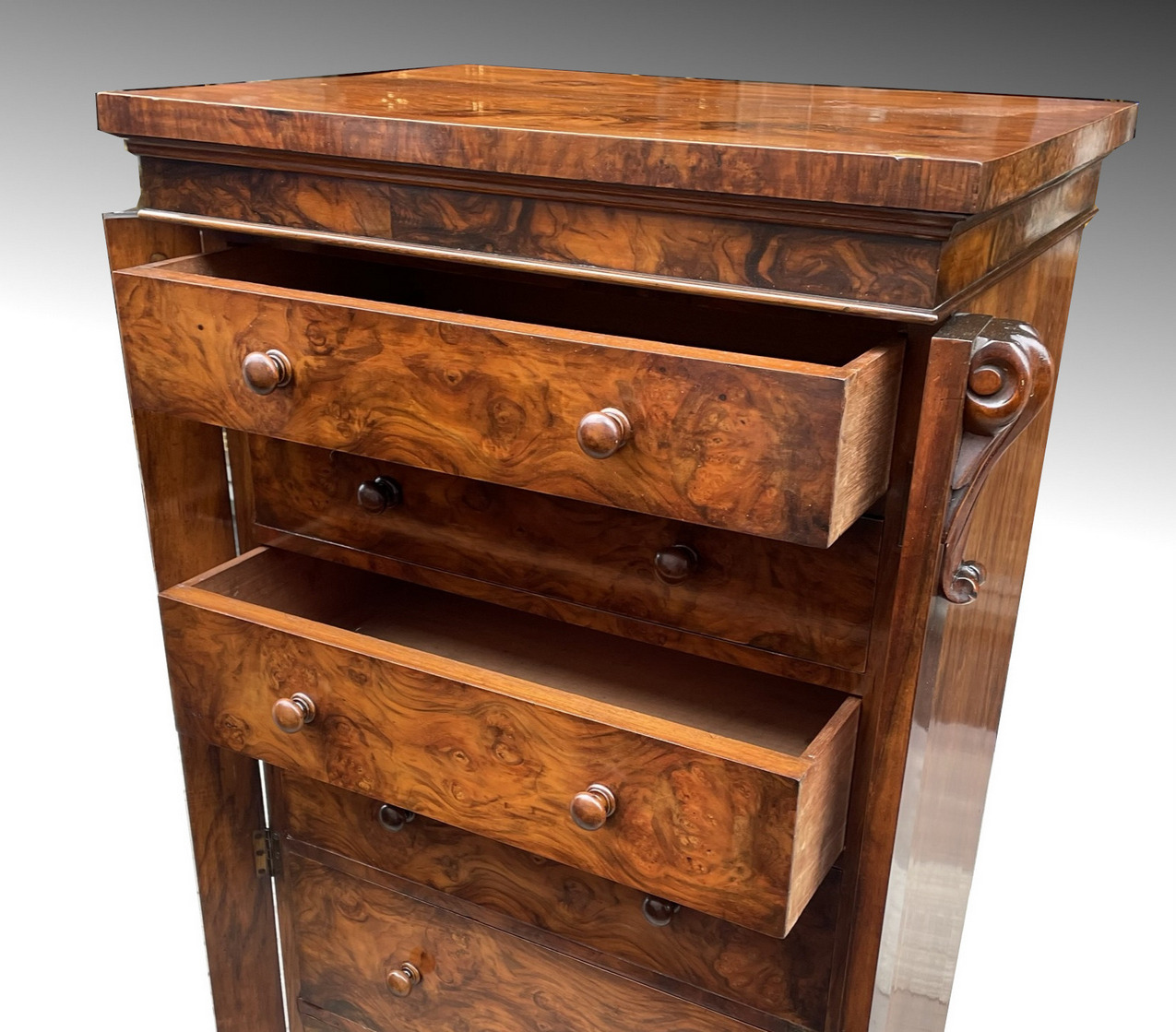 617. Antique Burl Walnut Welling Chest Drawers Irish Provenance Sir Thomas Kelly-Kenny - Image 7