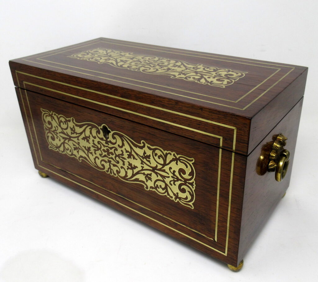 967. Antique Brass Inlaid English Regency Mahogany Double Tea Caddy Box 19th Century