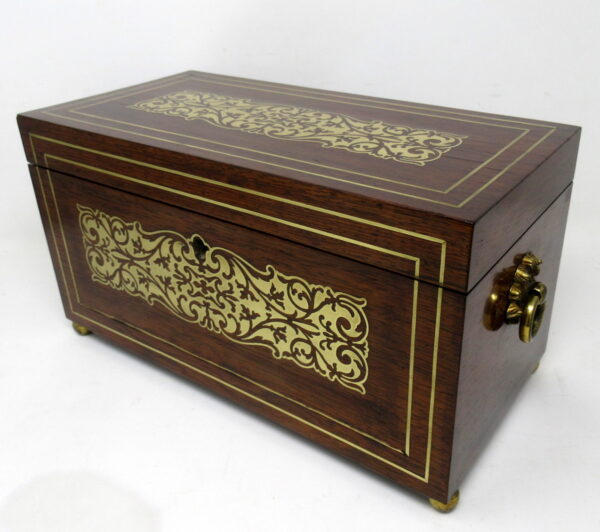 967. Antique Brass Inlaid English Regency Mahogany Double Tea Caddy Box 19th Century