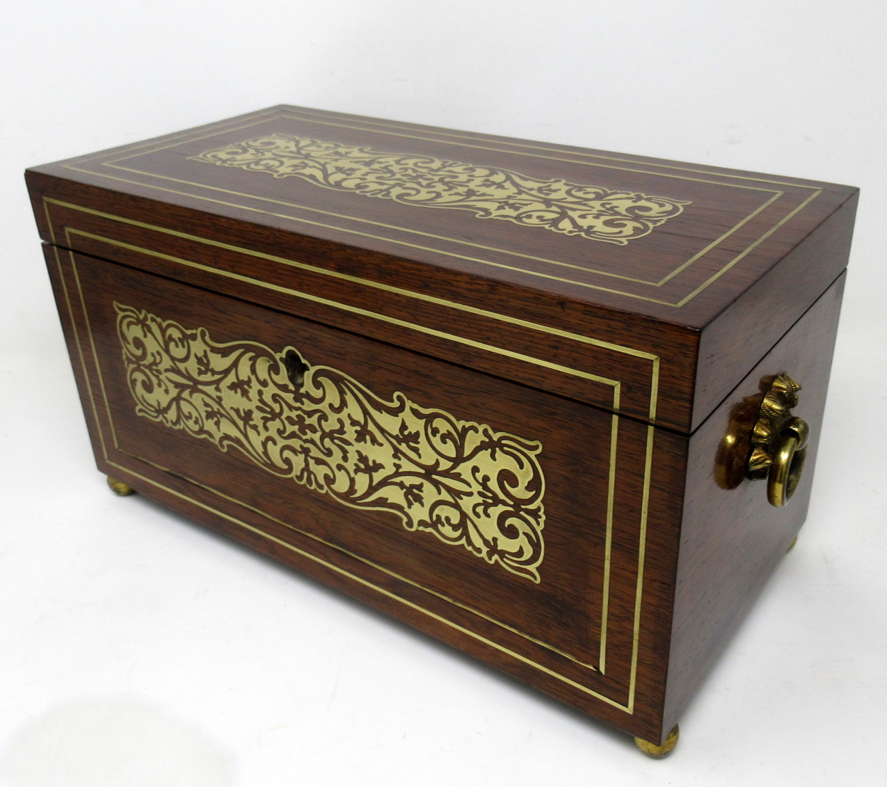 967. Antique Brass Inlaid English Regency Mahogany Double Tea Caddy Box 19th Century
