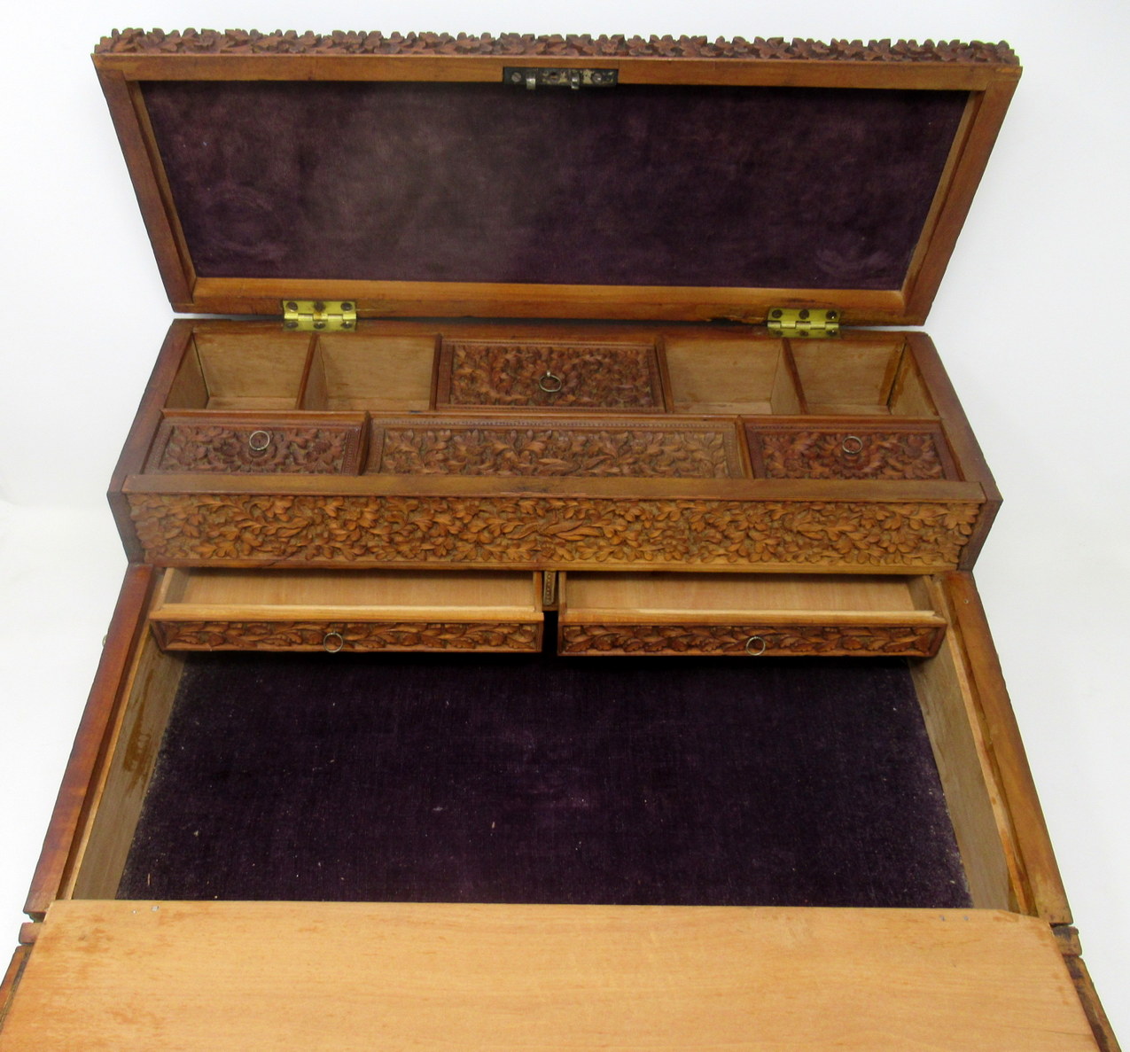 291. Antique Anglo-Indian Bombay Carved Sandalwood Writing Slope Box Mid 19thCentury - Image 10