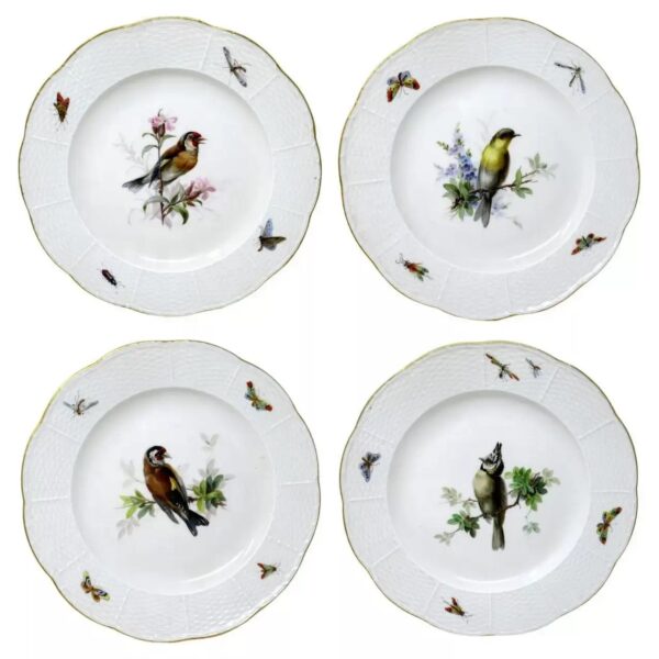 309. Antique Set German Dresden Meissen Ornithological Bird Insect Cabinet Plates