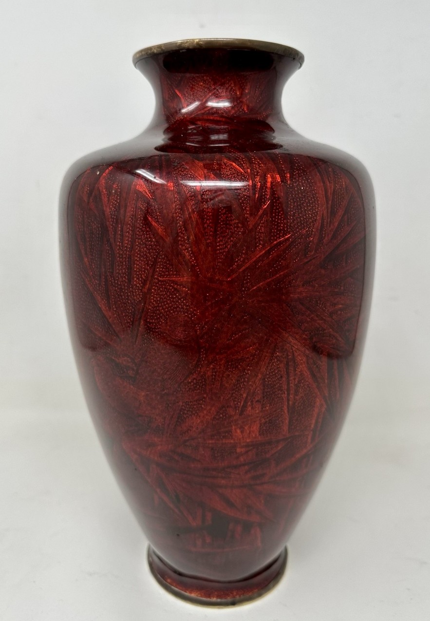 301. Antique Asian Meiji Period Japanese Bronze Cloisonne Enamel Urn Vase Red Gilt - Image 4
