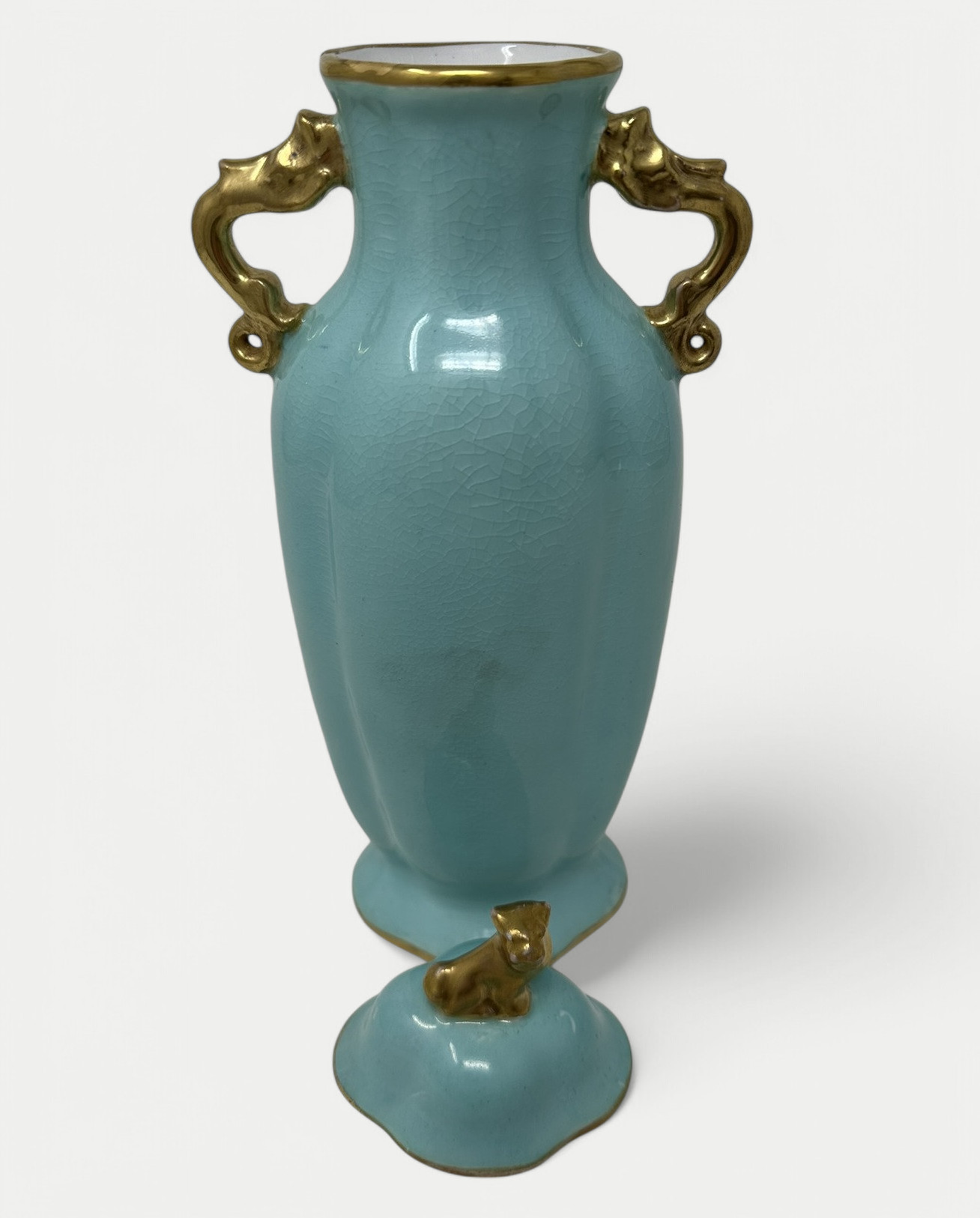 074. Antique Meissen Dresden Vase Urn Centerpiece Turquoise Blue Green Gilt Dragon - Image 6