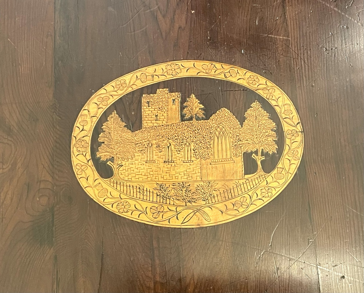 099. Antique Irish Castle Ruins Killarney Killarneyware Arbutus Wood Sutherland Table - Image 5