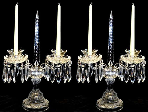 553. Stunning Pair Irish Waterford Crystal Hand Cut Crystal Twin Arm Candelabra 20thCt