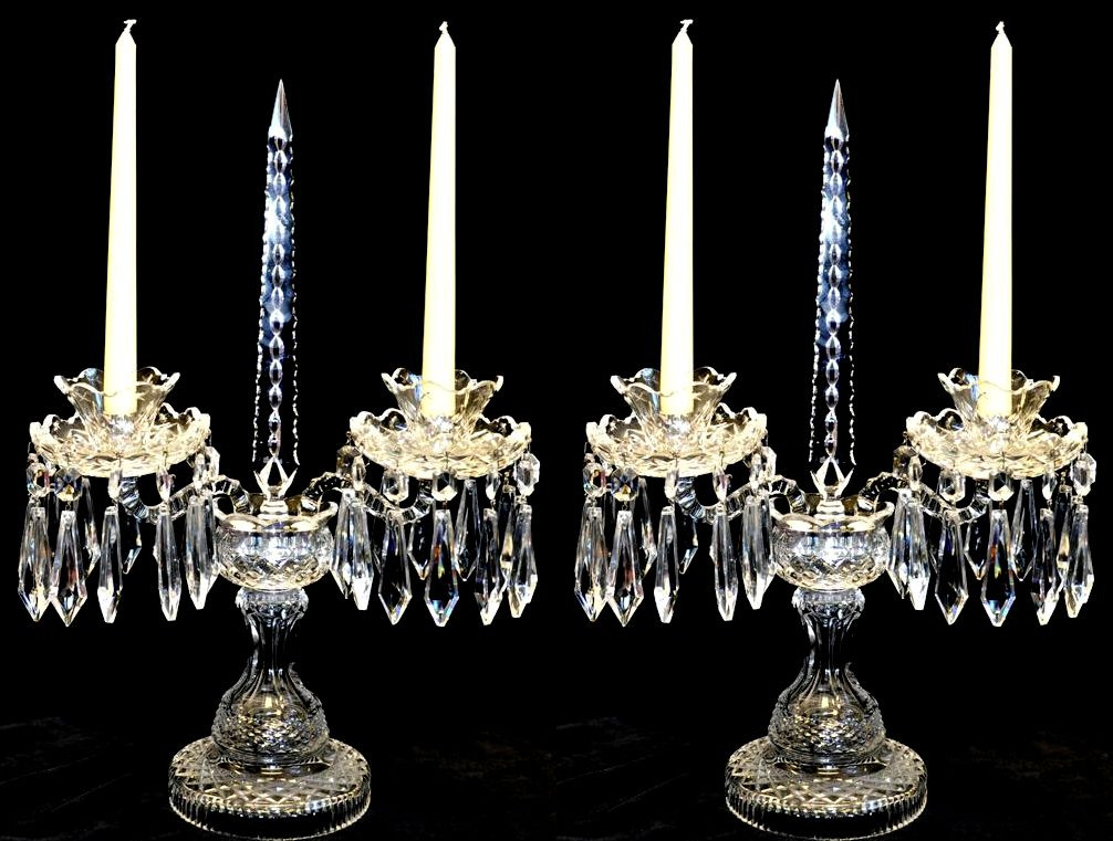 553. Stunning Pair Irish Waterford Crystal Hand Cut Crystal Twin Arm Candelabra 20thCt