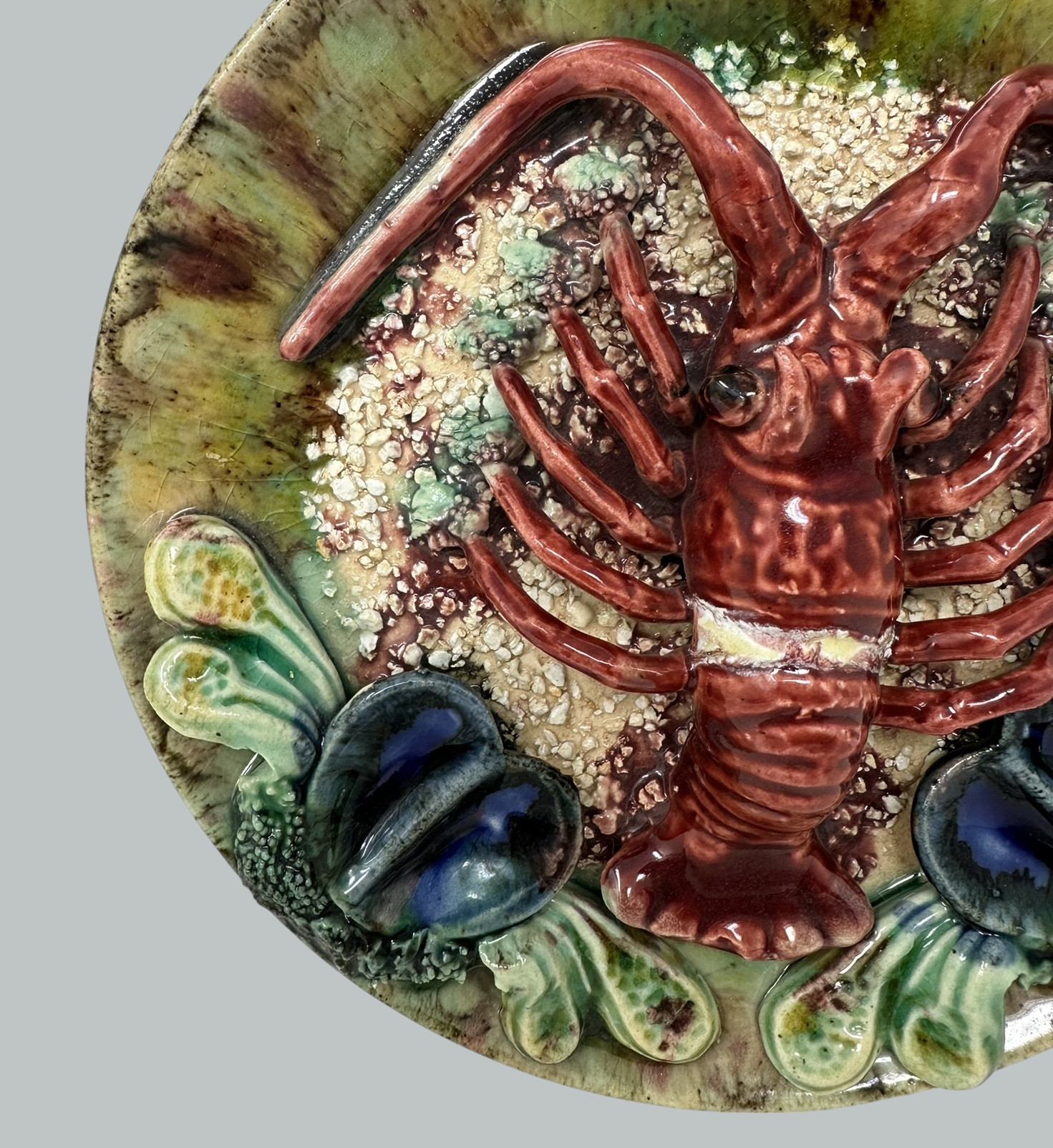 295. Pair Antique Majolica Palissy Portuguese Charger by Jose A Cunha Lobster Seafood - Image 8