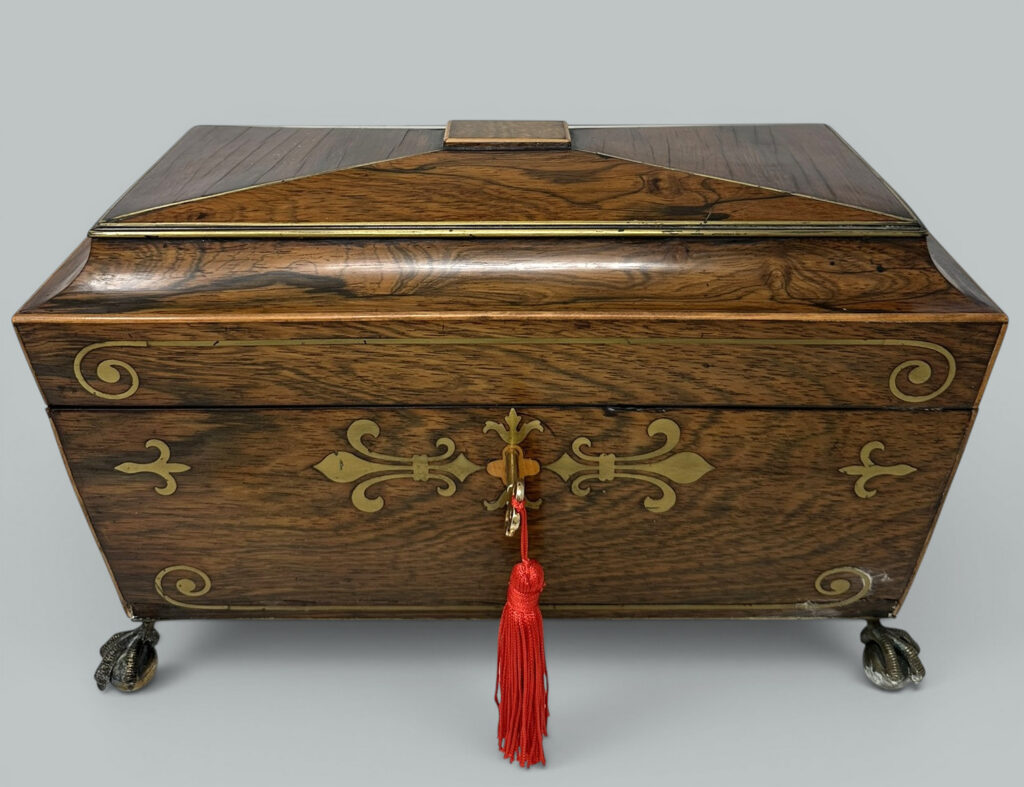 575. Antique Brass Inlaid Rosewood English Tea Caddy Box Regency Gillows Lancaster