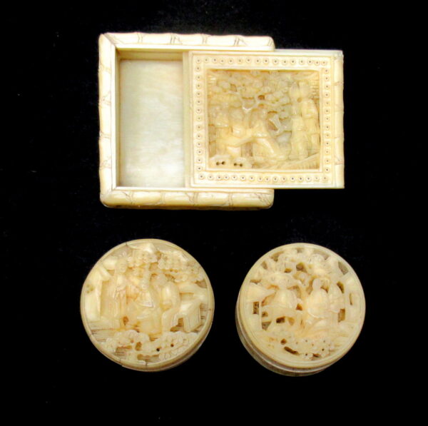991. Collection Chinese Canton Carved Ivory Boxes with Mother Pearl Counters early 19thCt