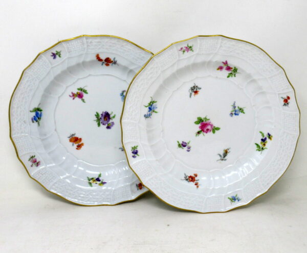 737. Antique Set German Dresden Meissen Cabinet Plates Still Life Flowers Pair