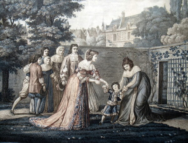 658. Scene of Duchess of La Valliere and Louis XIV Antique French Colored Engraving