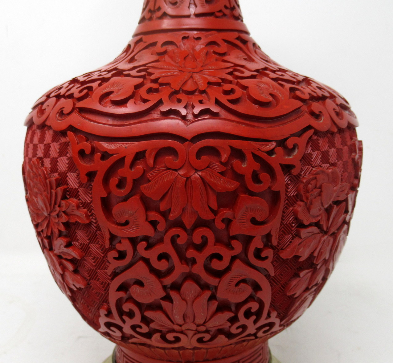 513. Pair Antique Chinese Export Carved Red Cinnabar Vases Urns Guangxu Period - Image 9