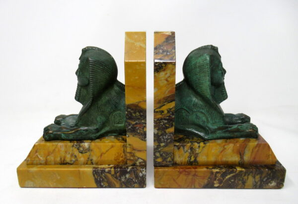 640. Grand Tour Italian French Egyptian Sphinx Pair Bronze Bookends Sienna Marble