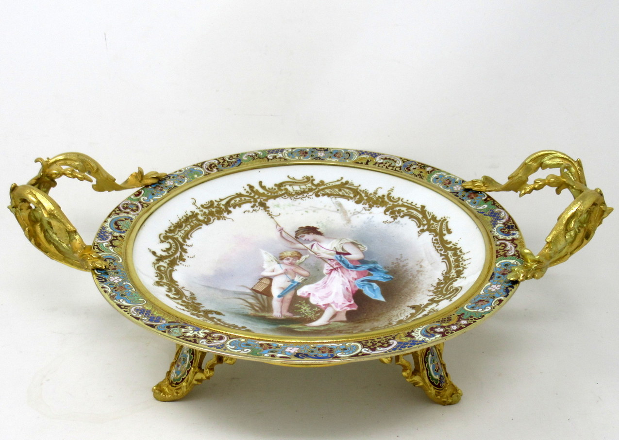 124. Antique French Sevres Ormolu Gilt Bronze Dore Champlevé Porcelain Tazza Plate - Image 3