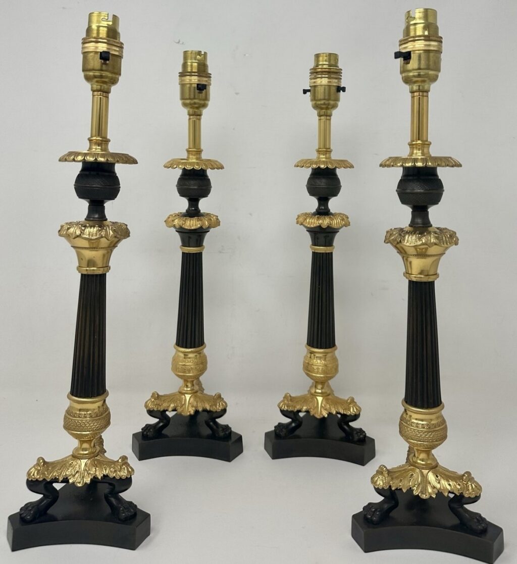 302. Antique Set Four French Doré Bronze Neoclassical Ormolu Candlesticks Lamps 19Ct