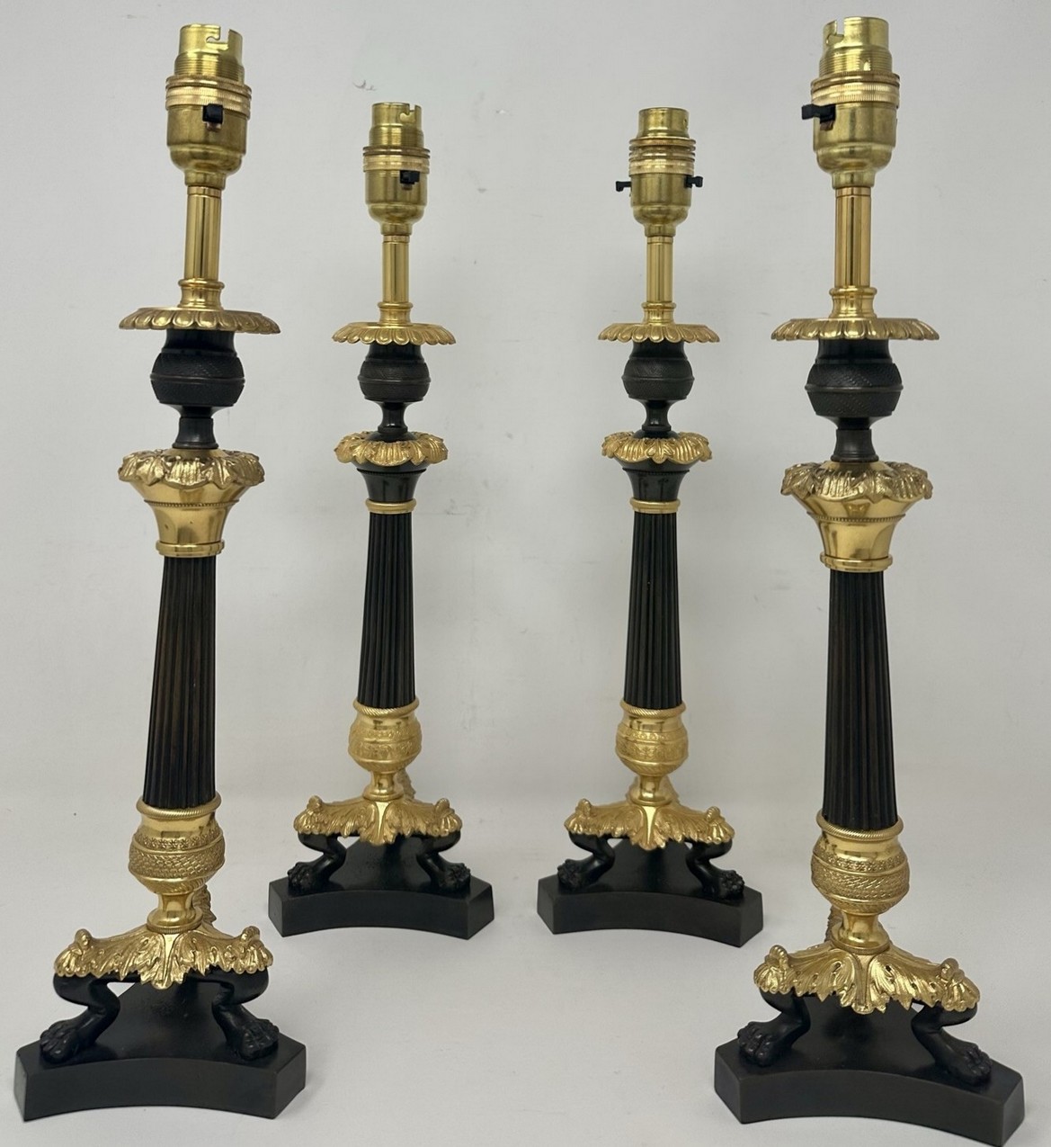 302. Antique Set Four French Doré Bronze Neoclassical Ormolu Candlesticks Lamps 19Ct