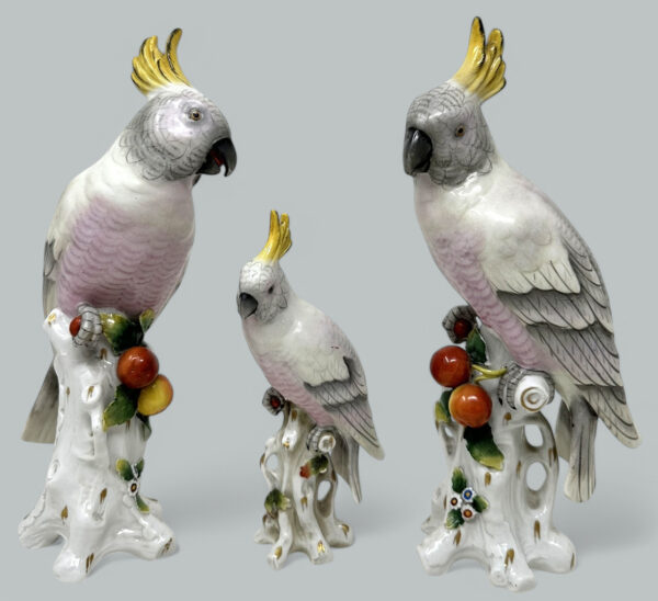955. Pair Sitzendorf German Porcelain Birds Parakeets Cockrels Cockatoos Parrots 19Ct