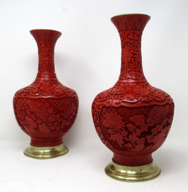 513. Pair Antique Chinese Export Carved Red Cinnabar Vases Urns Guangxu Period