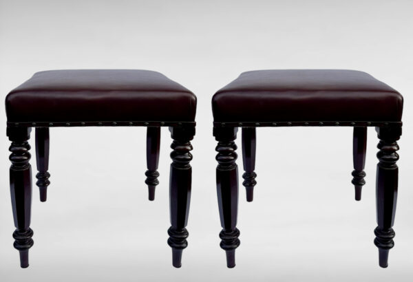 378. Pair Antique English Victorian Carved Mahogany Leather Upholstered Stools 19 Ct