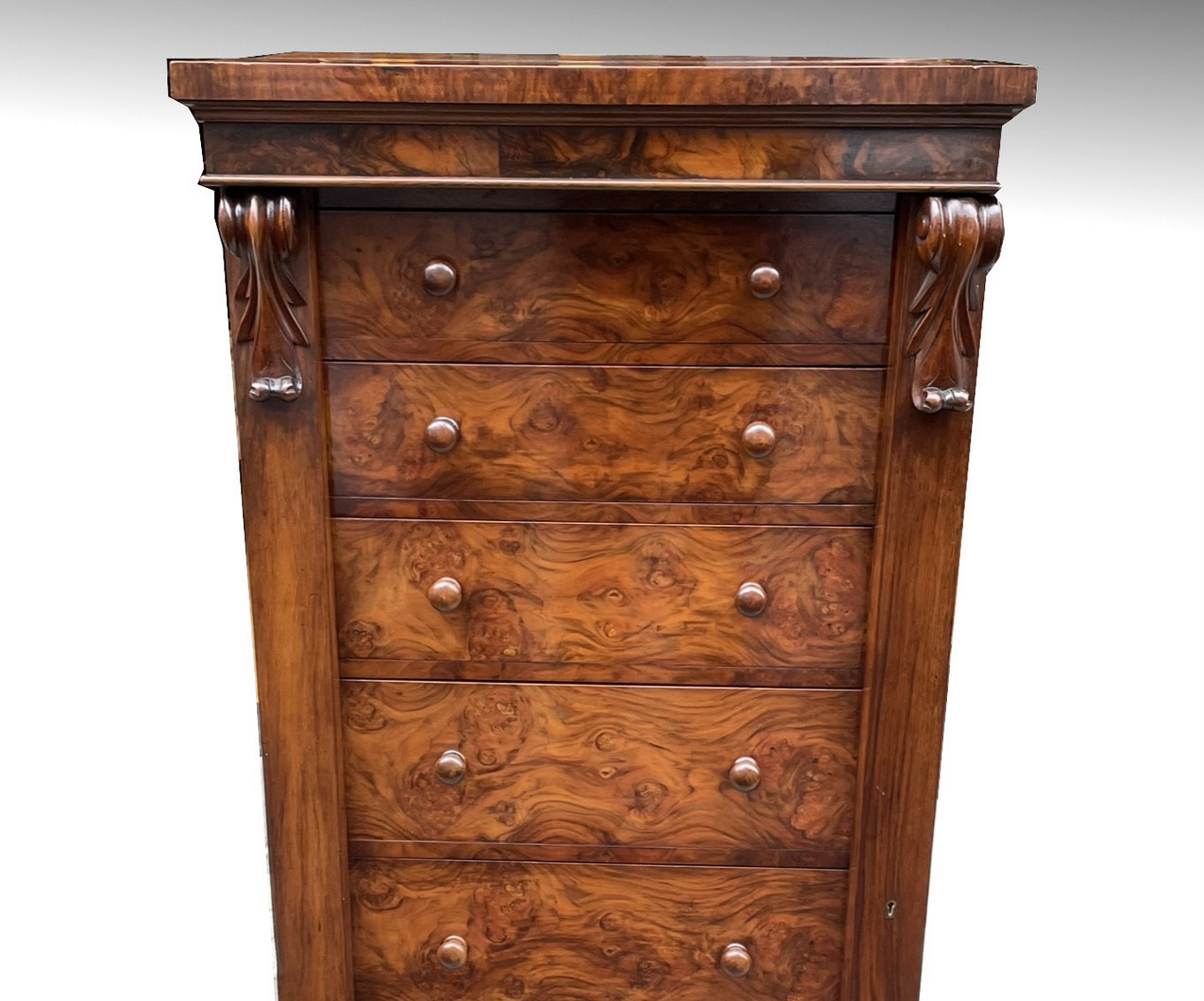 617. Antique Burl Walnut Welling Chest Drawers Irish Provenance Sir Thomas Kelly-Kenny - Image 3