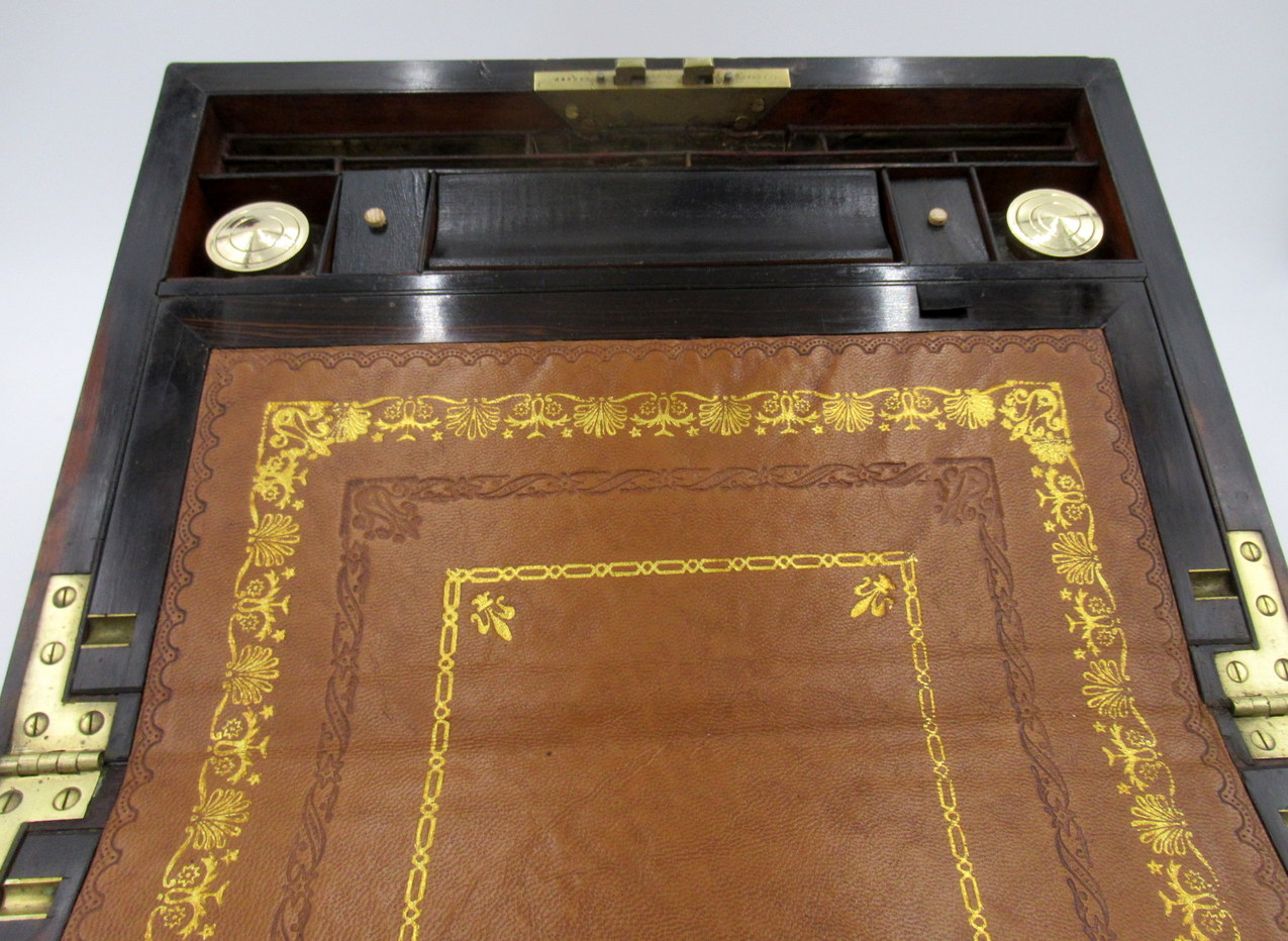 279. Antique Coromandel Mahogany Brass Inlaid English Writing Box Slope Mother Pearl - Image 10