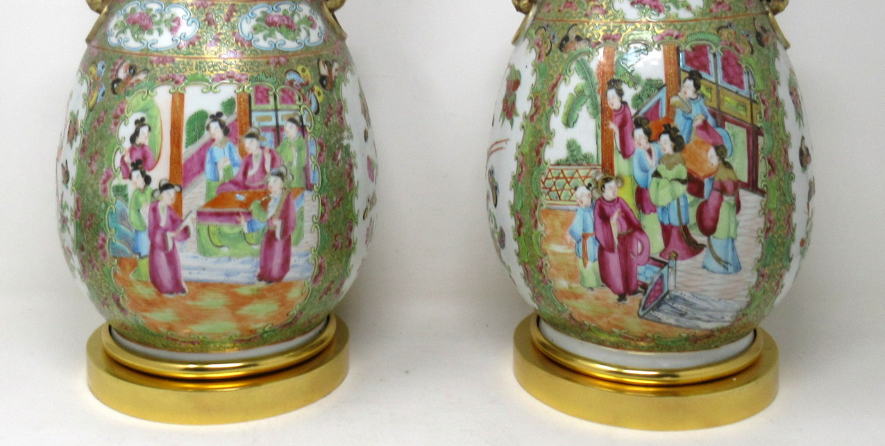 759. Antique Famille Rose Medallion Canton Cantonese Ormolu Chinese Table Lamps Pair - Image 10