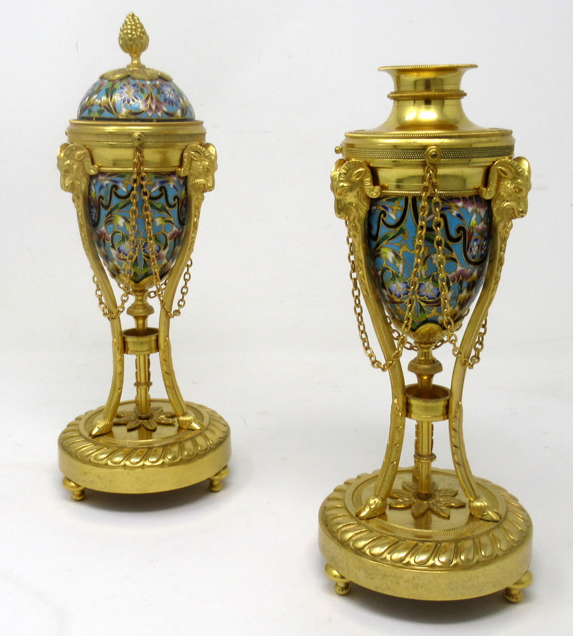 848. Antique Pair French Champlevé Enamel Ormolu Gilt Bronze Cassolettes Urns Vases - Image 3