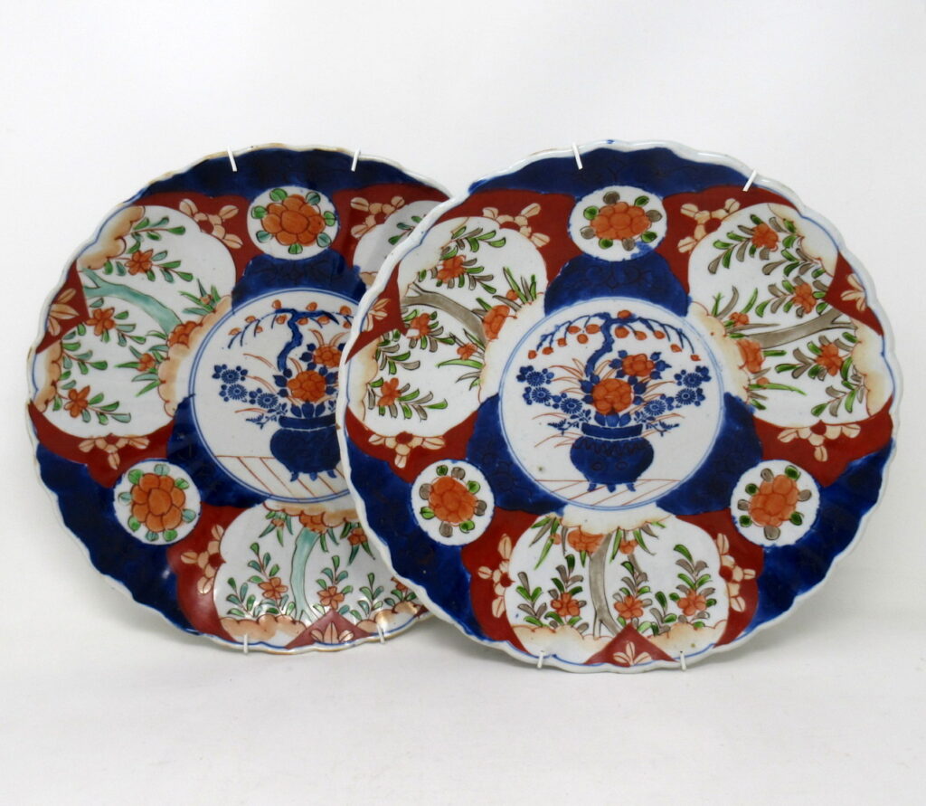 383. Pair Antique Japanese Meji Hand Painted Imari Dish Centerpiece Plate Cobalt Blue