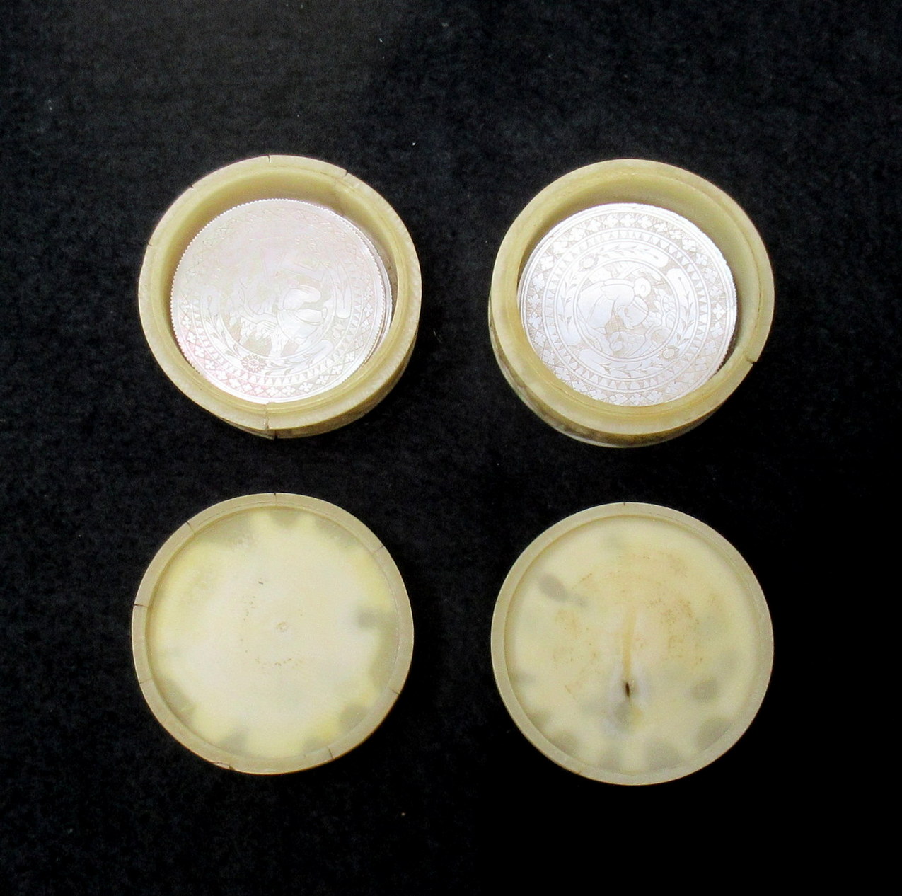 991. Collection Chinese Canton Carved Ivory Boxes with Mother Pearl Counters early 19thCt - Image 4