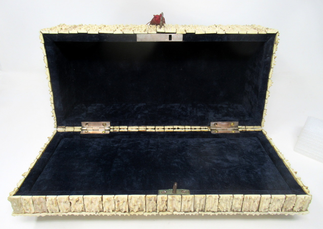 284. Antique Anglo Indian Vizagapatam Stag Antler Horn Sandalwood Document Box Casket - Image 11