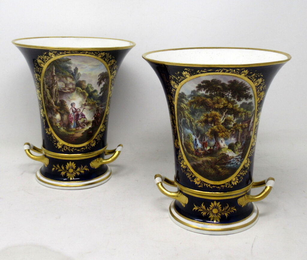 515. Pair Regency Royal Crown Derby Campana Porcelain Urns Vases Robert Brewer 19 Ct