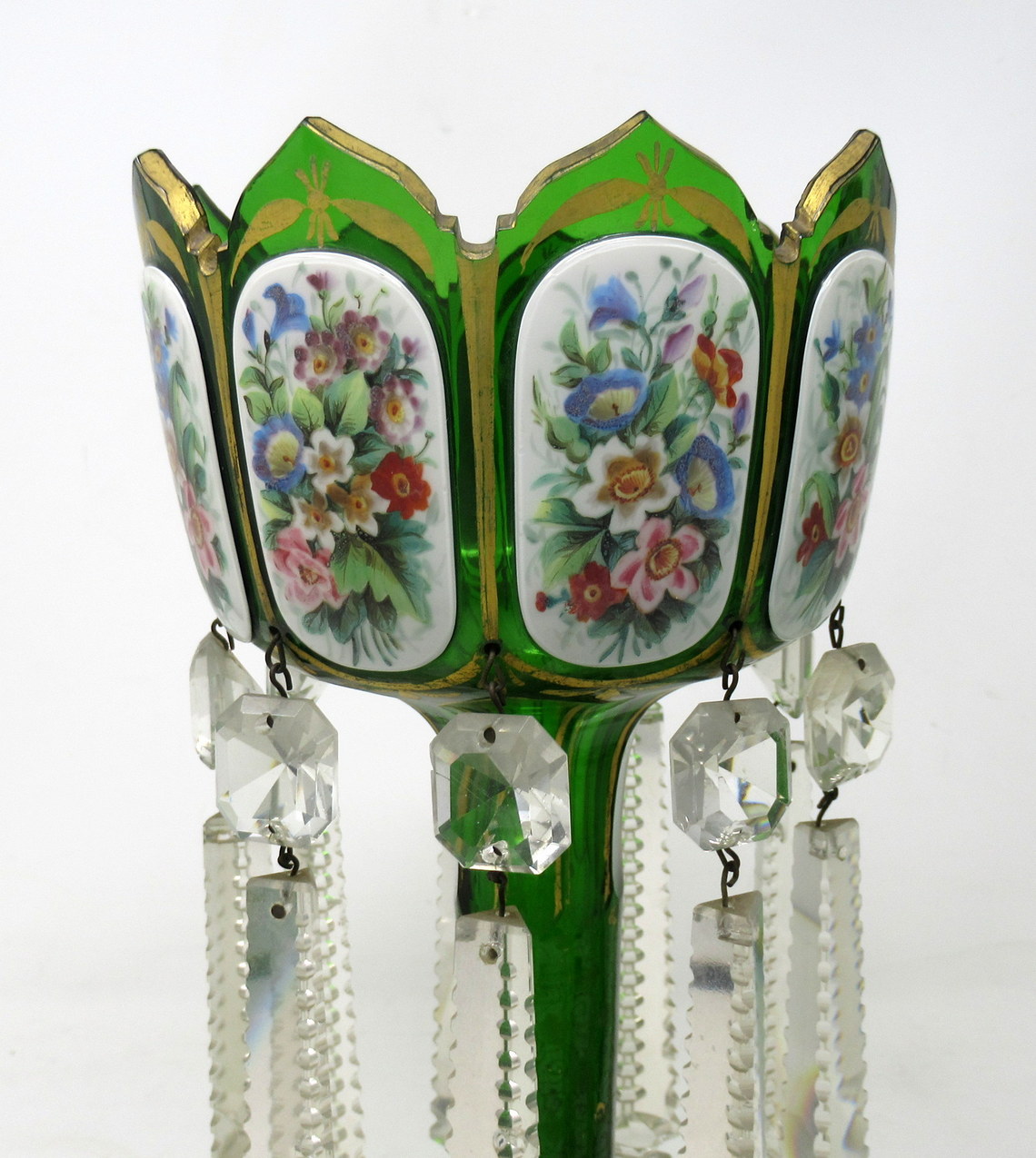 176. Antique Crystal Bohemian Emerald Green Enamel Pair Overlaid Lusters Candlesticks - Image 6