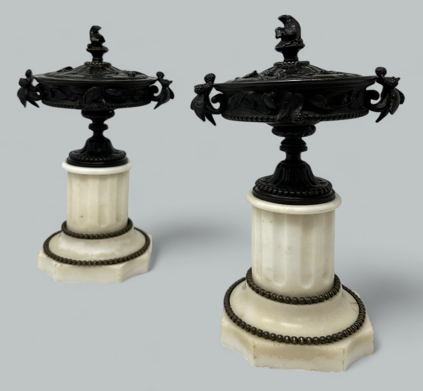 904. Pair French Grand Tour Ormolu Bronze Dore Statutory Marble Tazza Urns Vases 19Ct - Image 2