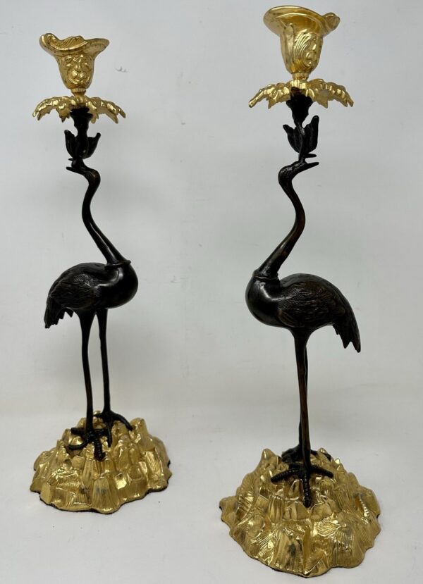 473. Pair English Ormolu Gilt Bronze Candlesticks Storks Cranes Attributed to Abbott