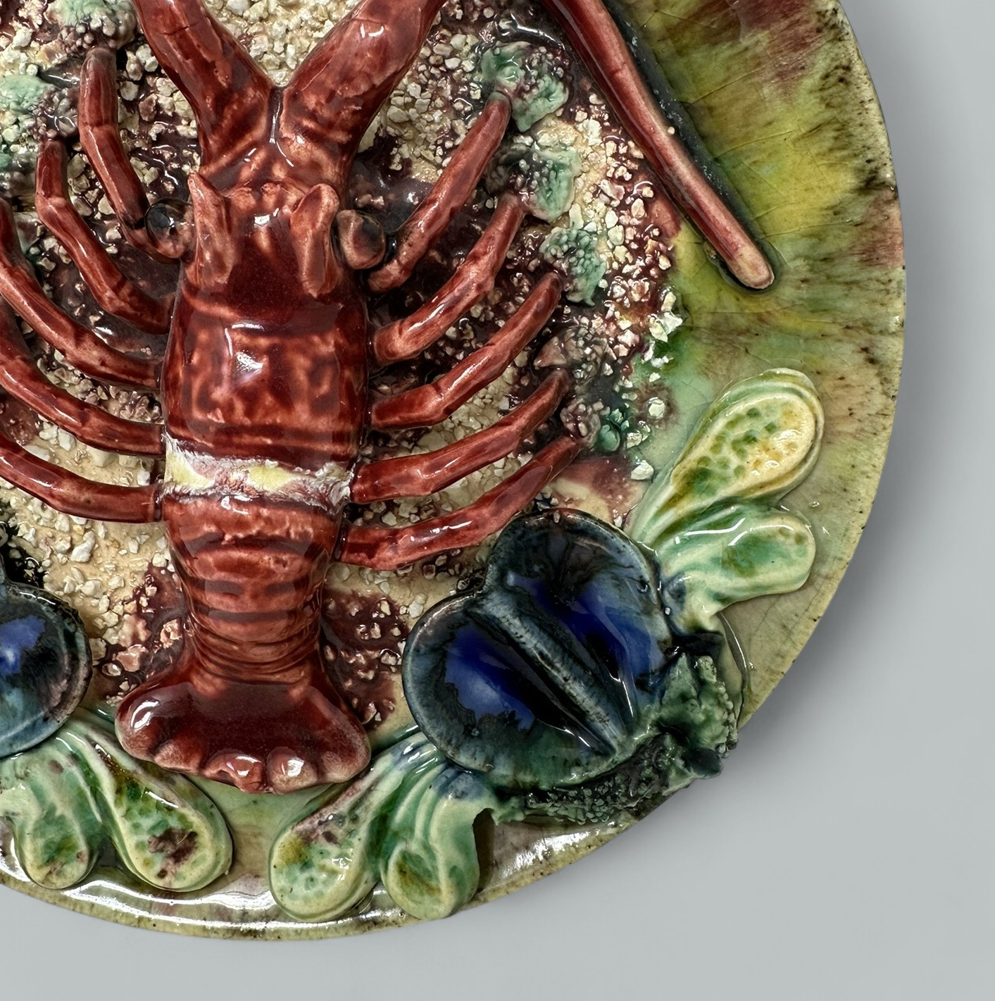 295. Pair Antique Majolica Palissy Portuguese Charger by Jose A Cunha Lobster Seafood - Image 7