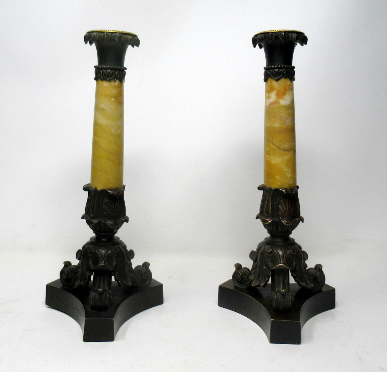 209. Antique Pair Grand Tour French Bronze Dore Sienna Marble Ormolu Candlesticks 19th Century - Image 3