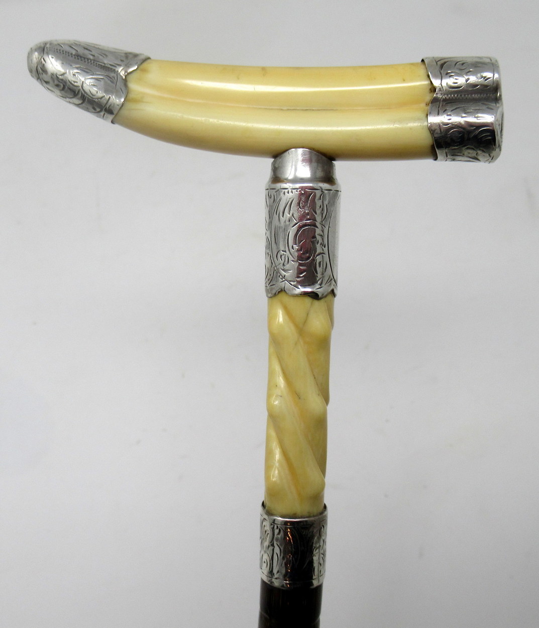 806. Superb Silver Mounted Ivory Boar Tusk Walking Cane Silver Hallmark 1904 - Image 7