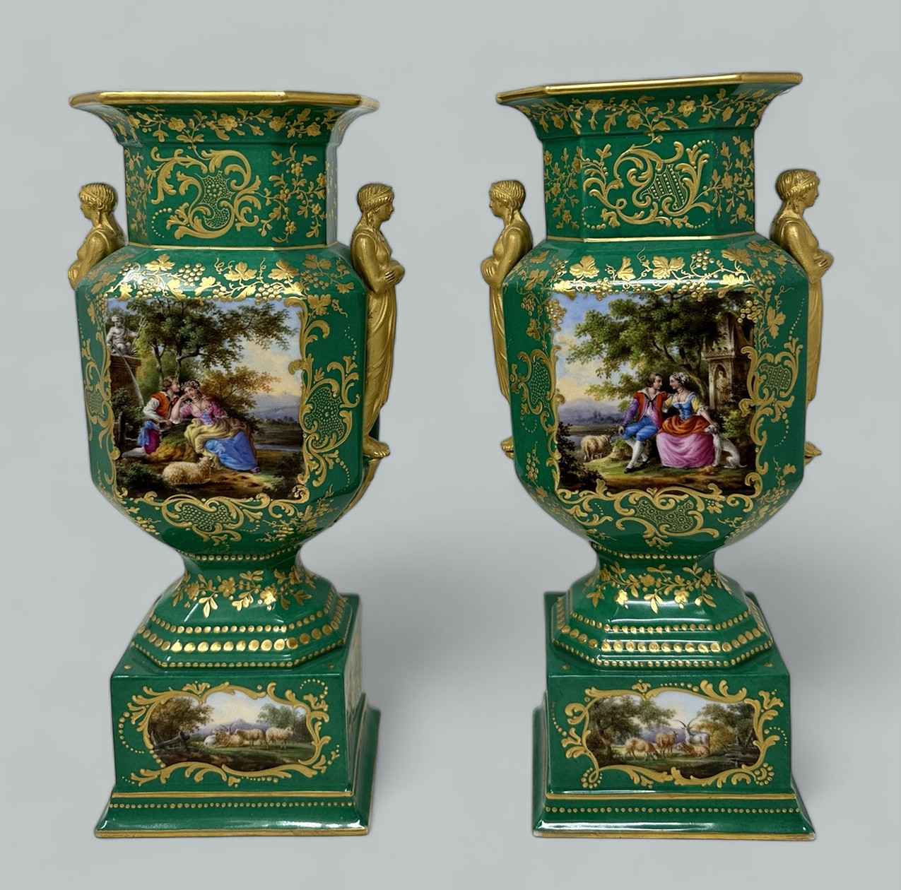 592. Antique Pair French Sèvres Porcelain Gilt Mounted Urns Vases Centerpieces 1830 - Image 2