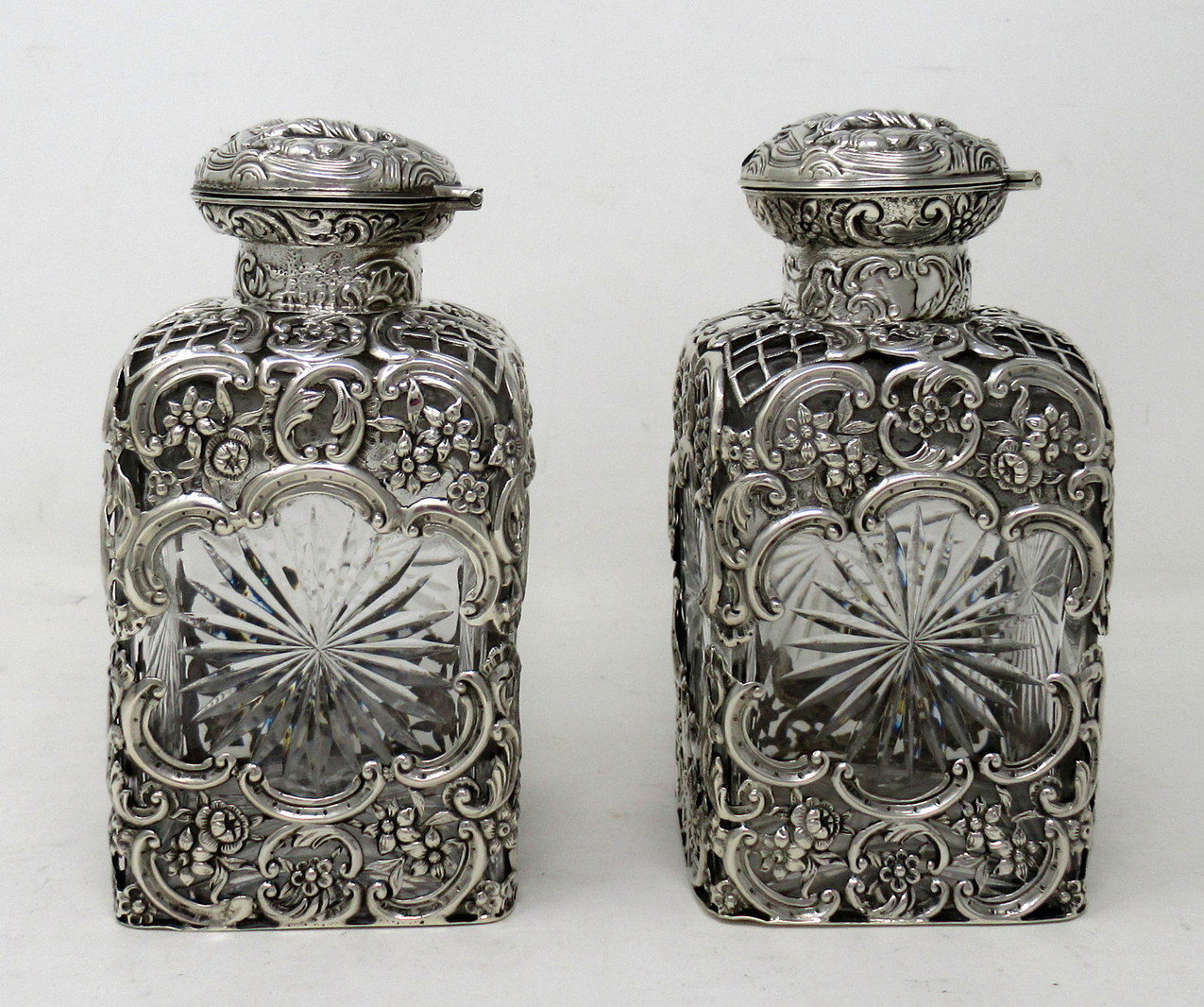 275. Pair Antique English Crystal Sterling Silver Scent Perfume Bottles William Comyns - Image 3