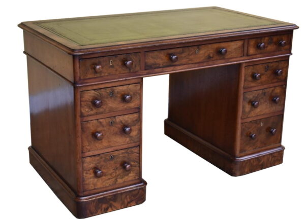 460. Superb Burr Walnut Early Victorian Twin Pedestal Desk 19thCt