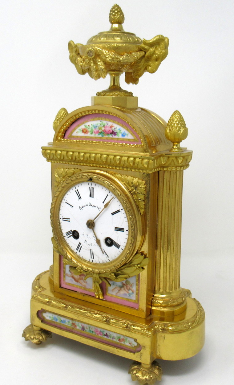 968. Fine French Ormolu Mantle Clock Sevres Panels 19thCt. Howell Janes London Paris - Image 2