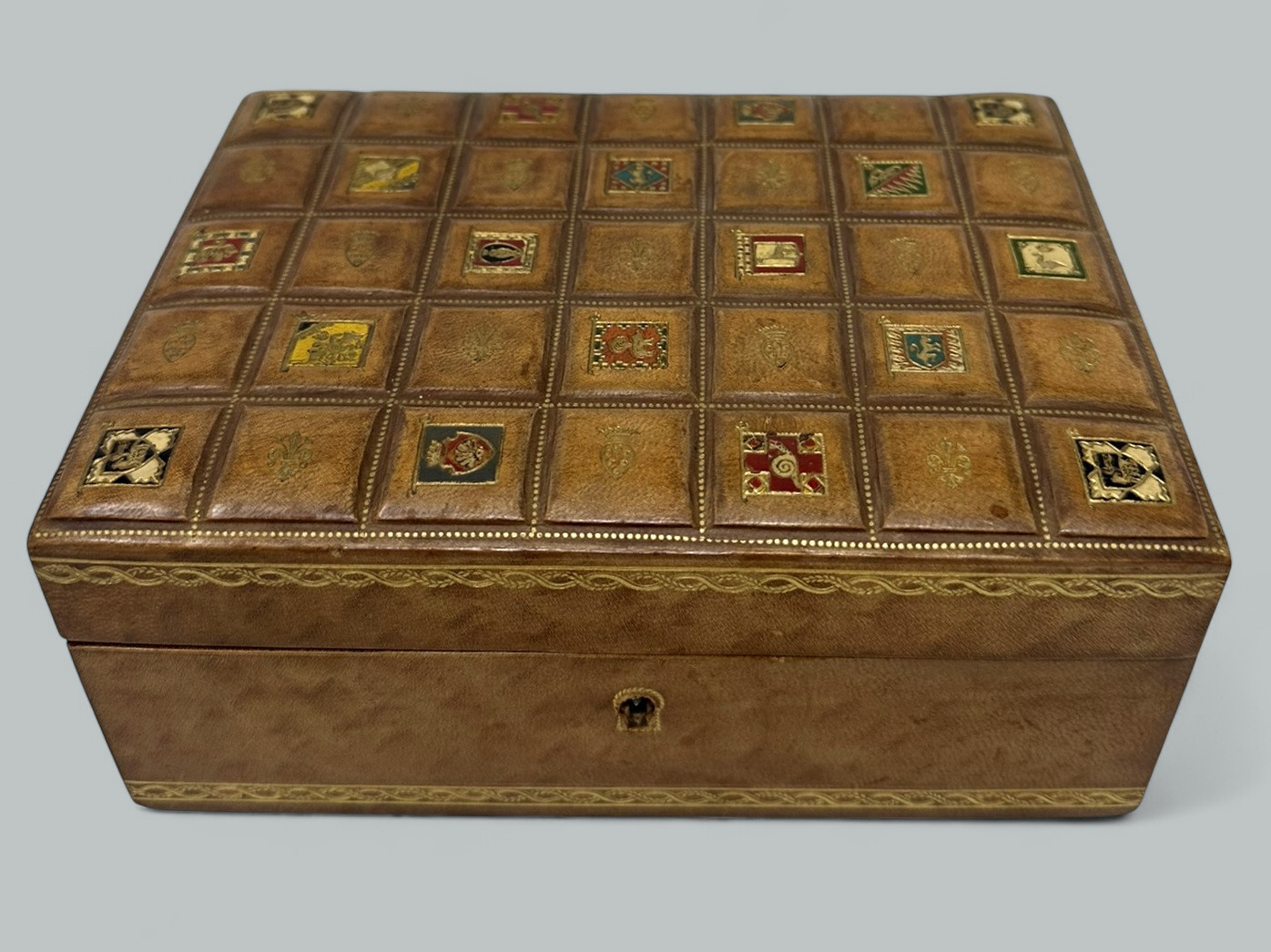 553. Antique Vintage Italian Lady's Gentleman's Faux Leather Gilt Jewelry Casket Box - Image 3