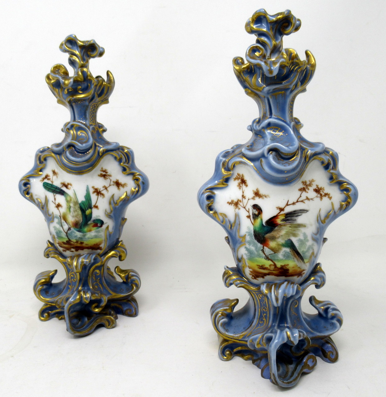 459. Antique Pair French Porcelain Scent Perfume Bottles Jacob Petit Celeste Blue Gilt